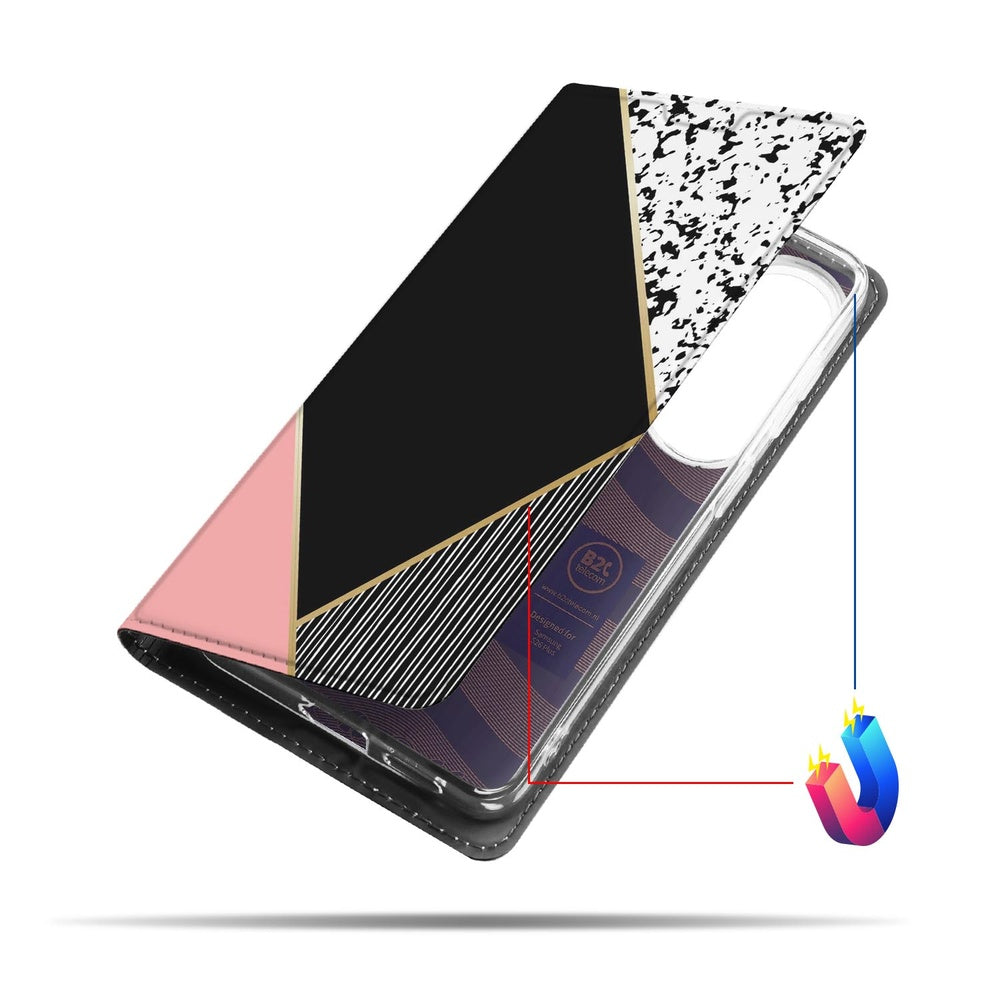 Samsung Galaxy S26 Plus Flip Style Cover Black Pink Shapes detail beeld van de omslag met grafisch ontwerp.