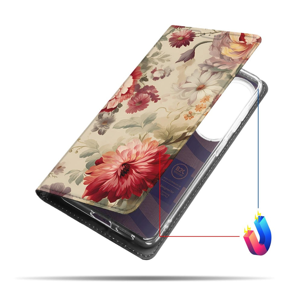 Samsung Galaxy S26 Plus Book Case Bloemen Detail uitzicht met romantisch bloemrijk design.