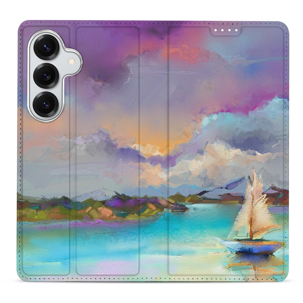 Samsung Galaxy S26 Plus Bookcase Boat maritieme print lijkt op schilderij vooraanzicht.