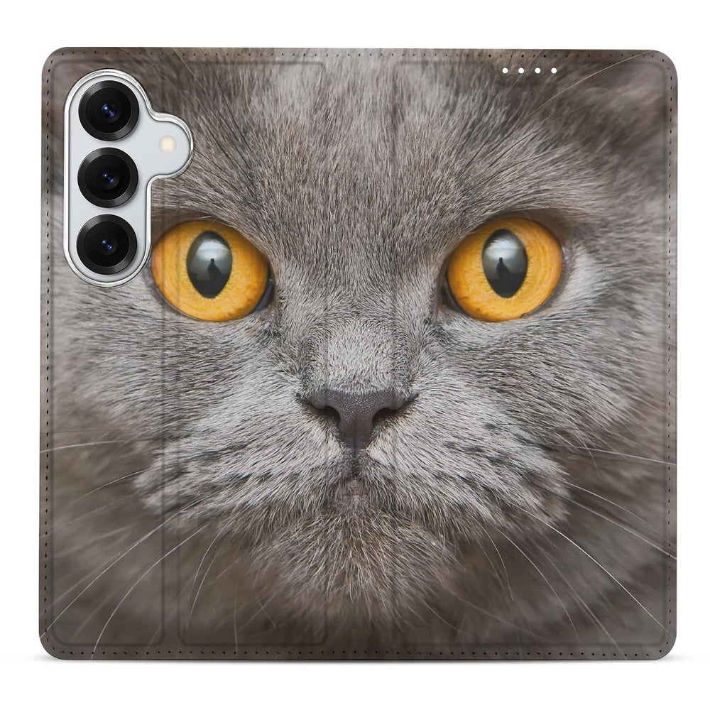 Samsung Galaxy S26 Plus Book Wallet Case Britse Korthaar grijs kattenhoofd voorkant.