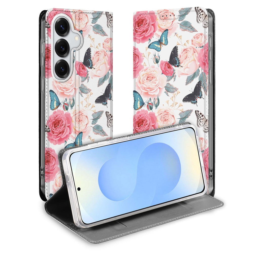 Samsung Galaxy S26+ Flip Style Cover Butterfly Roses boekhoes rozen vlinders vooraanzicht.