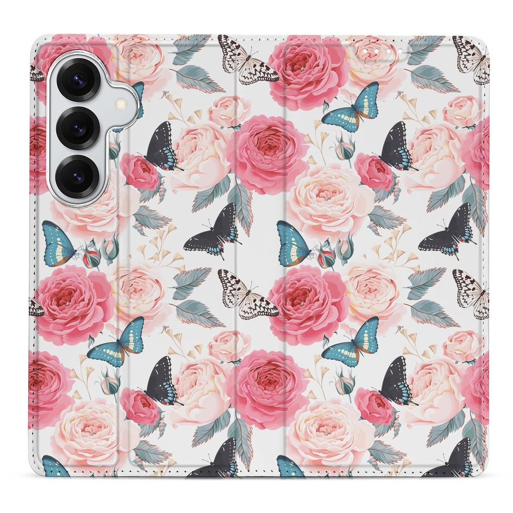 Samsung Galaxy S26+ Flip Style Cover Butterfly Roses boekhoes rozenprint vlinders vooraanzicht.