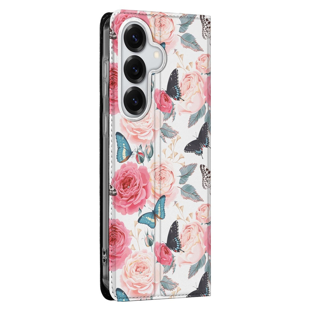 Samsung Galaxy S26+ Flip Style Cover Butterfly Roses Rozenprint met vlinders Vooraanzicht.