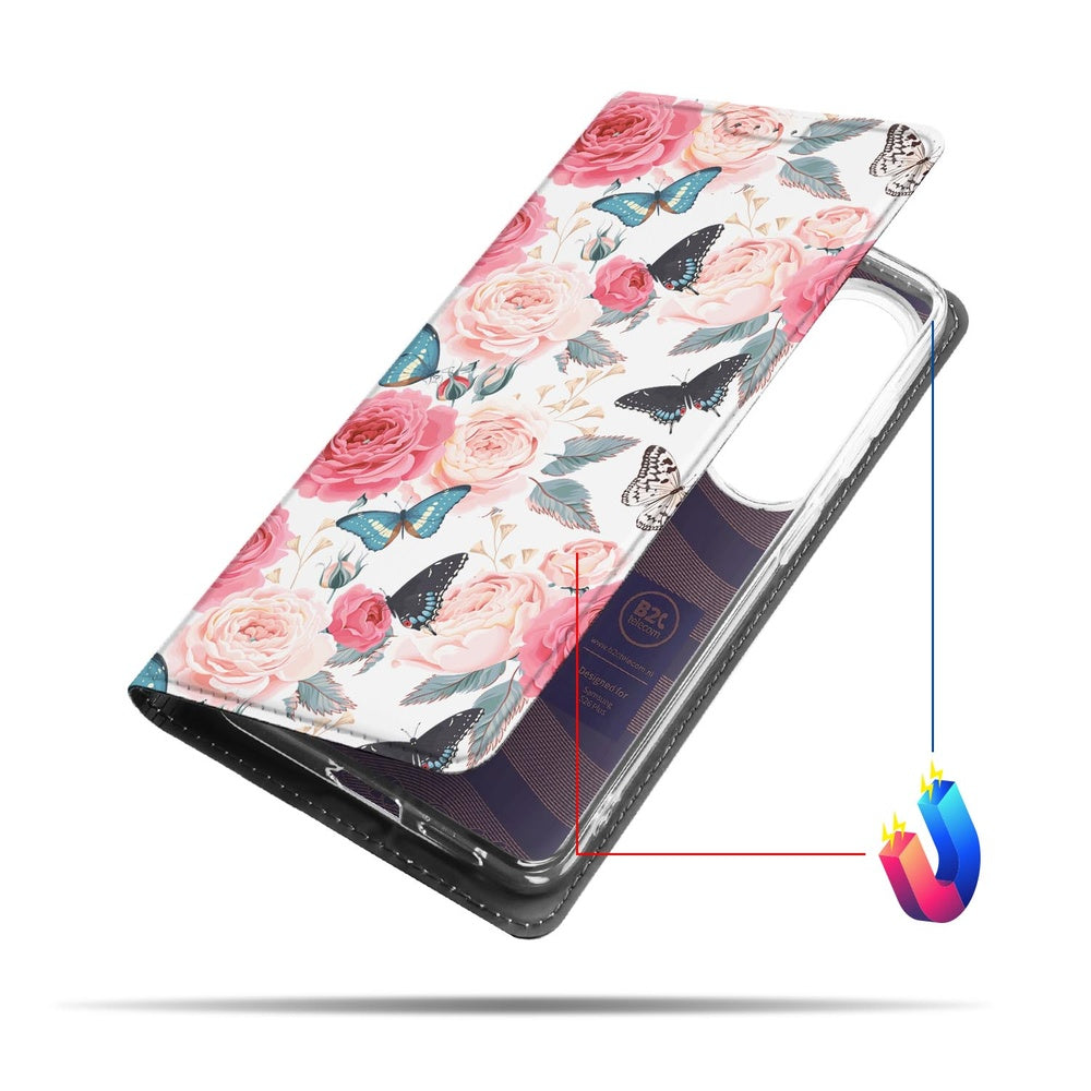 Samsung Galaxy S26+ Flip Style Cover Butterfly Roses detail view met rozen en vlinders.