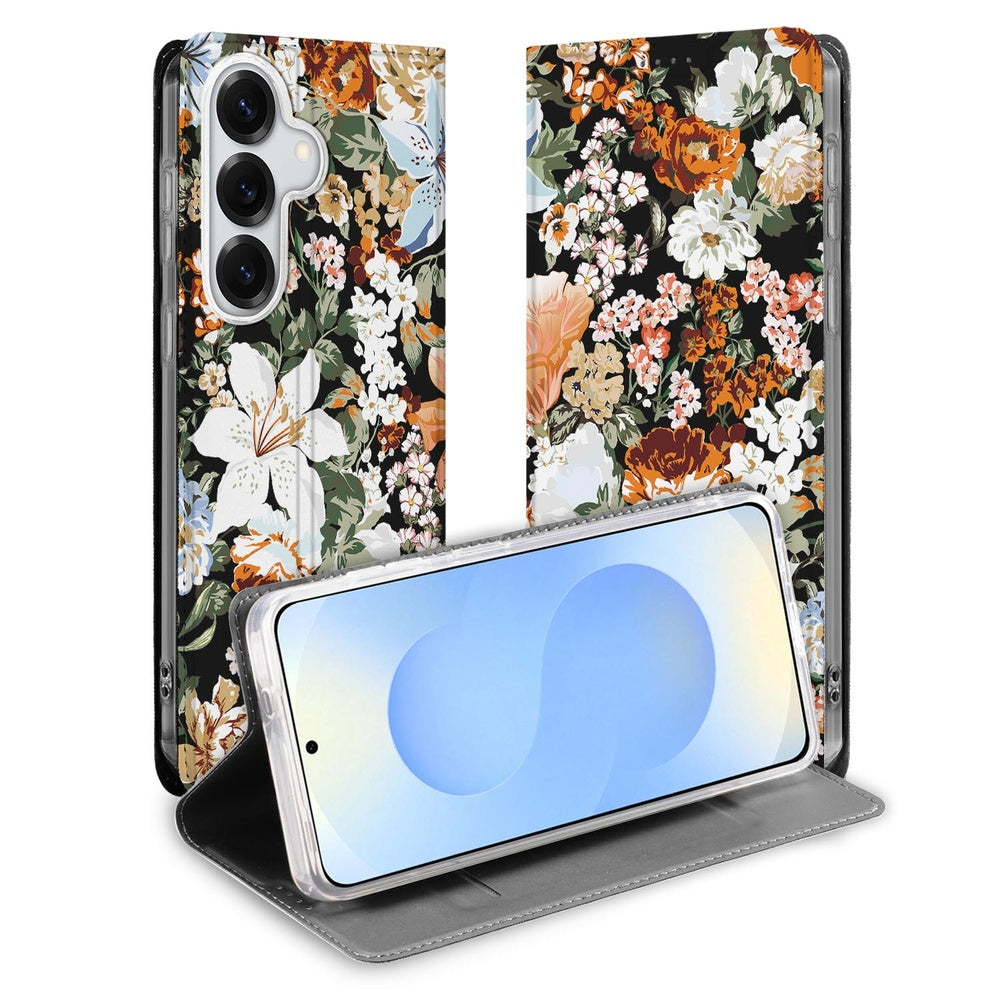 Samsung Galaxy S26+ Smart Cover Hoesje Dark Flowers detail voorkant en achterkant bloemenpatroon.