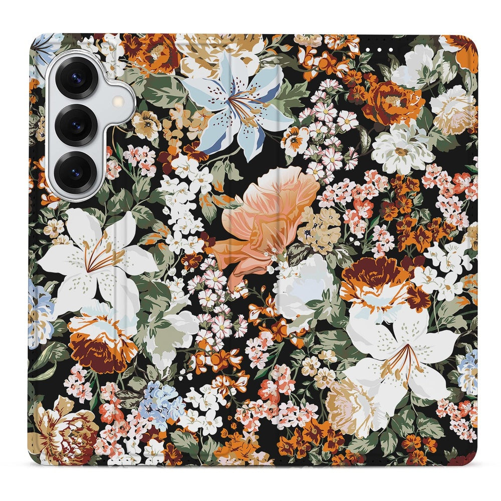 Samsung Galaxy S26+ Smart Cover Hoesje Dark Flowers bloemenprint achterkant.
