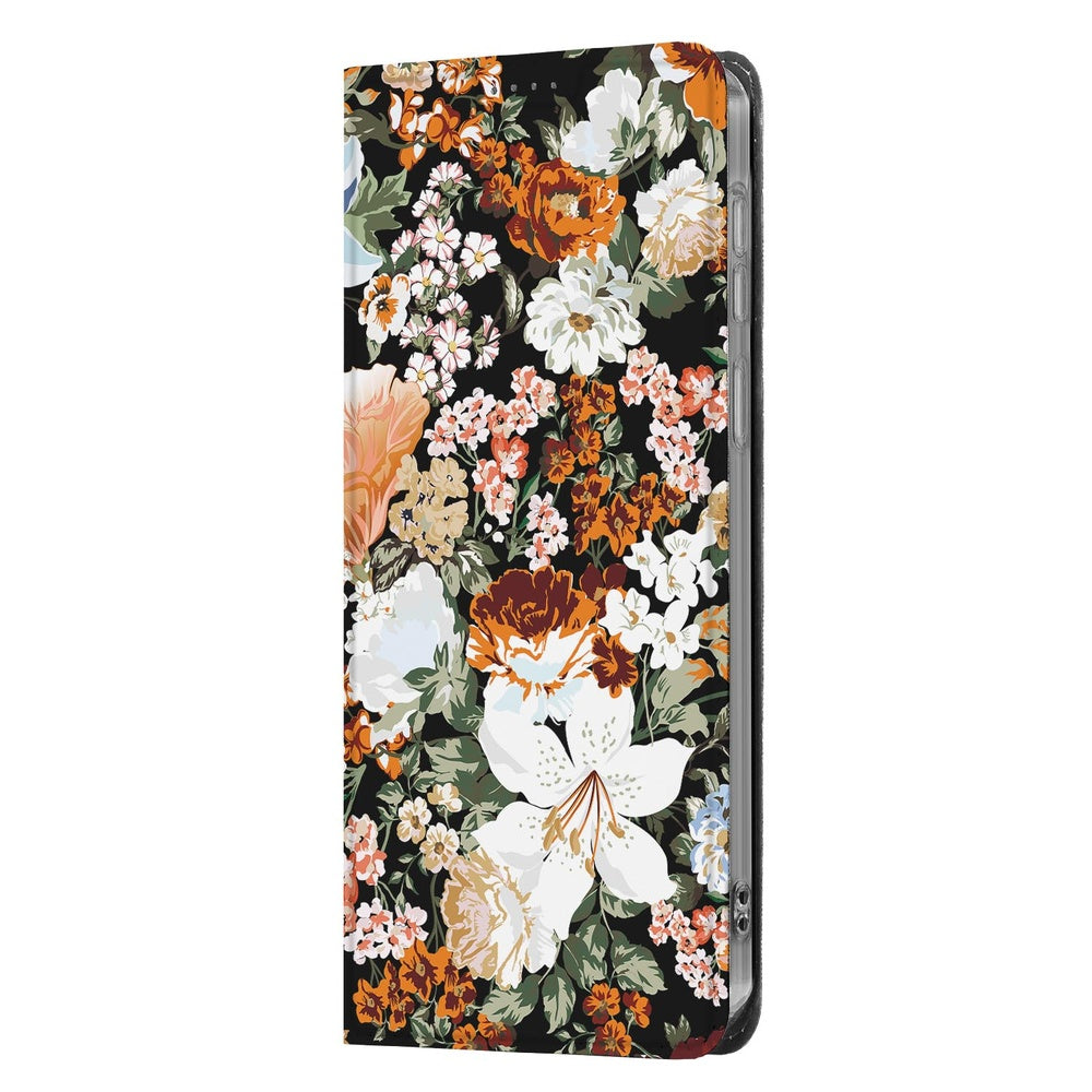 Samsung Galaxy S26+ Smart Cover Hoesje Dark Flowers bloemenpatroon zijkant.