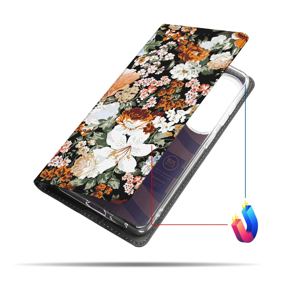 Samsung Galaxy S26+ Smart Cover Hoesje Dark Flowers detailweergave van het bloemenpatroon.