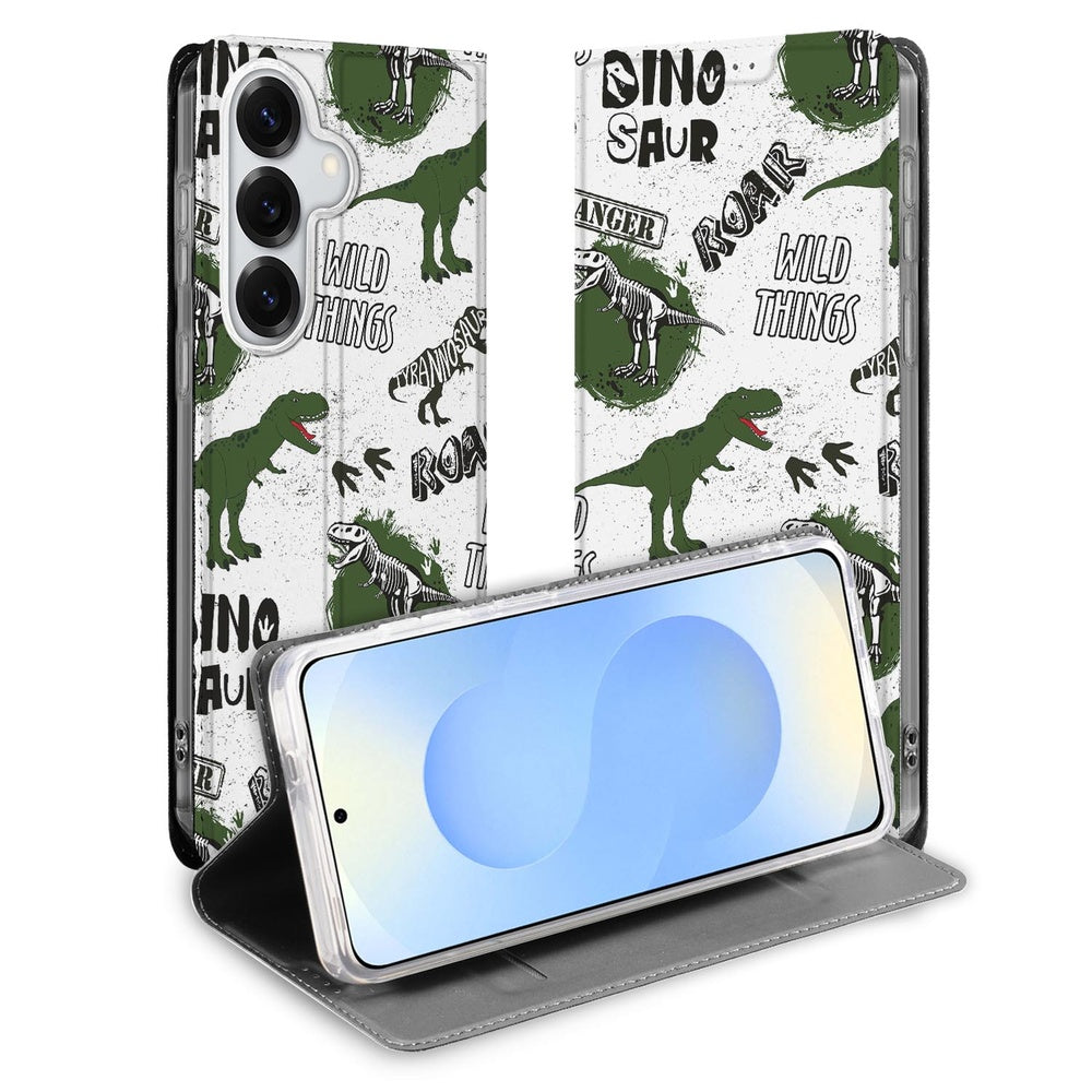 Samsung Galaxy S26 Plus Flip Style Cover Dinosaurus Dinosaurus print vooraanzicht.