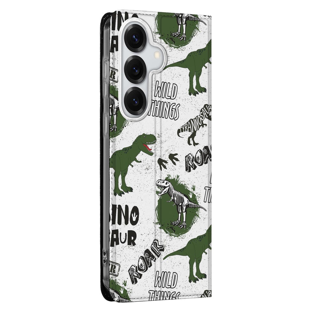 Samsung Galaxy S26 Plus Flip Style Cover Dinosaurus dinosaurus-design zijaanzicht.