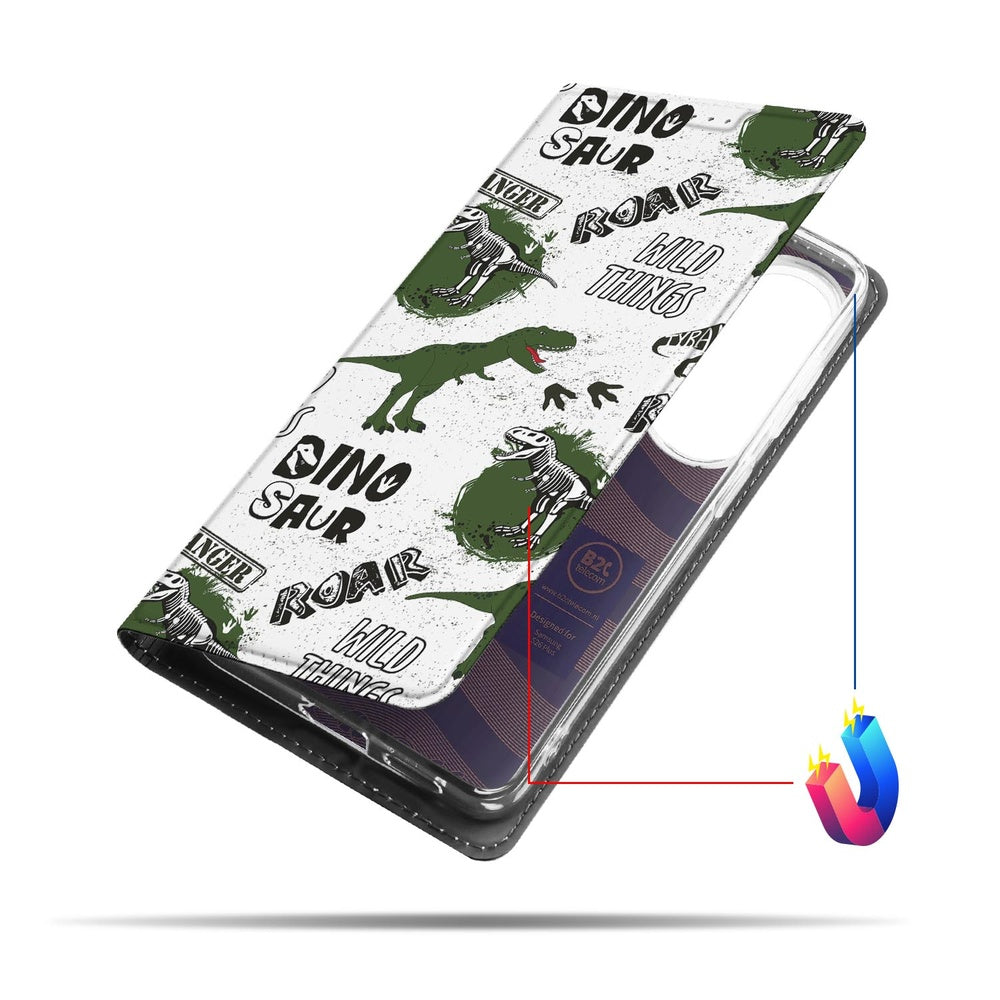 Samsung Galaxy S26 Plus Flip Style Cover Dinosaurus dinosaurus ontwerp vooraanzicht.