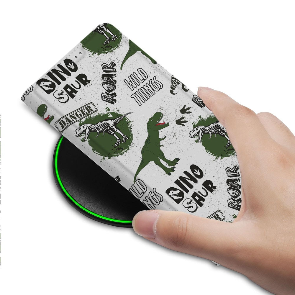Samsung Galaxy S26 Plus Flip Style Cover Dinosaurus print detail aanzicht.