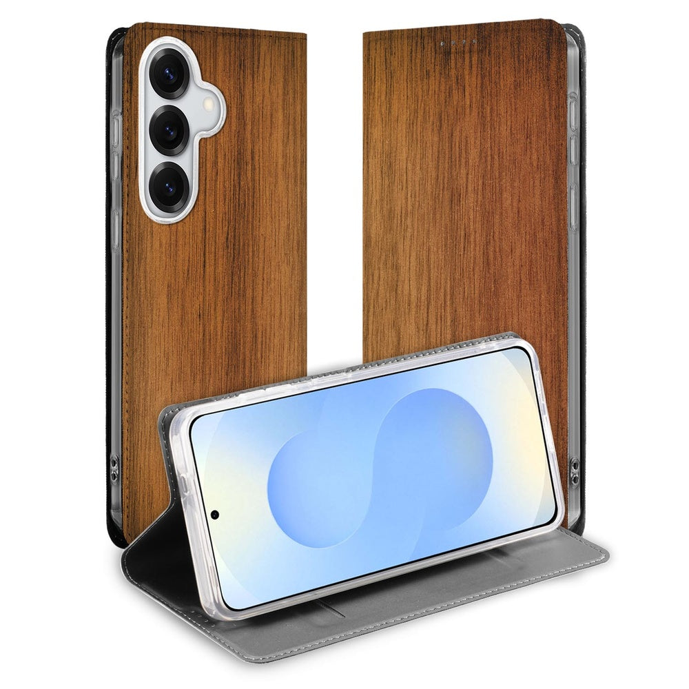 Samsung Galaxy S26 Plus Standcase Hoesje Donker Hout vooraanzicht.
