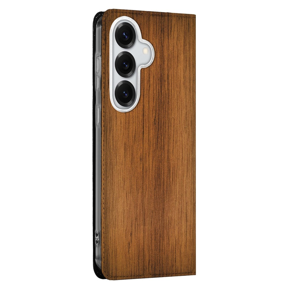 Samsung Galaxy S26 Plus Standcase Hoesje Donker Hout Aanzicht zij. 