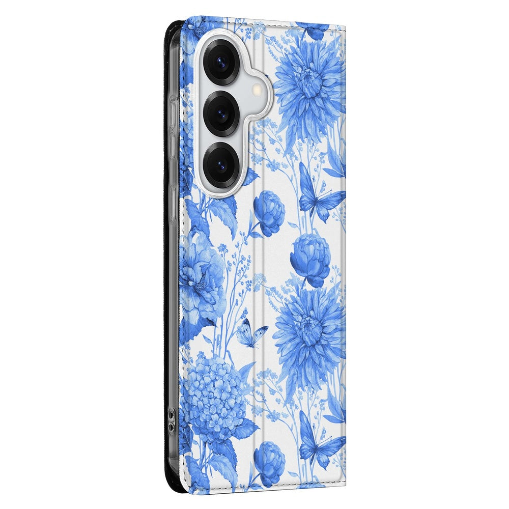 Samsung Galaxy S26 Plus Book Case Flowers Blue Design bloemen blauw Vooraanzicht.