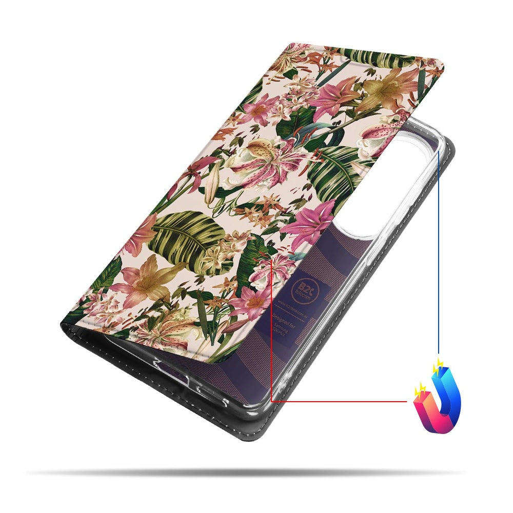 Samsung Galaxy S26 Plus Book Case Flowers bloemdesign met roze paarse bloesems en groene bladeren vooraanzicht.