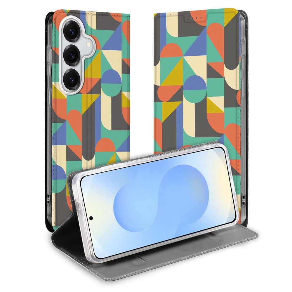 Samsung Galaxy S26 Plus Book Case Funky Retro Geometrische vormen Vooraanzicht.