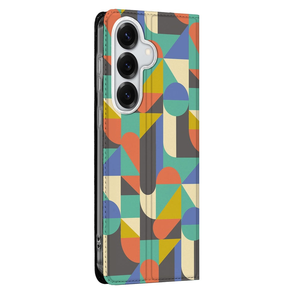 Samsung Galaxy S26 Plus Book Case Funky Retro geometrische vormen speelse kleuren vooraanzicht.