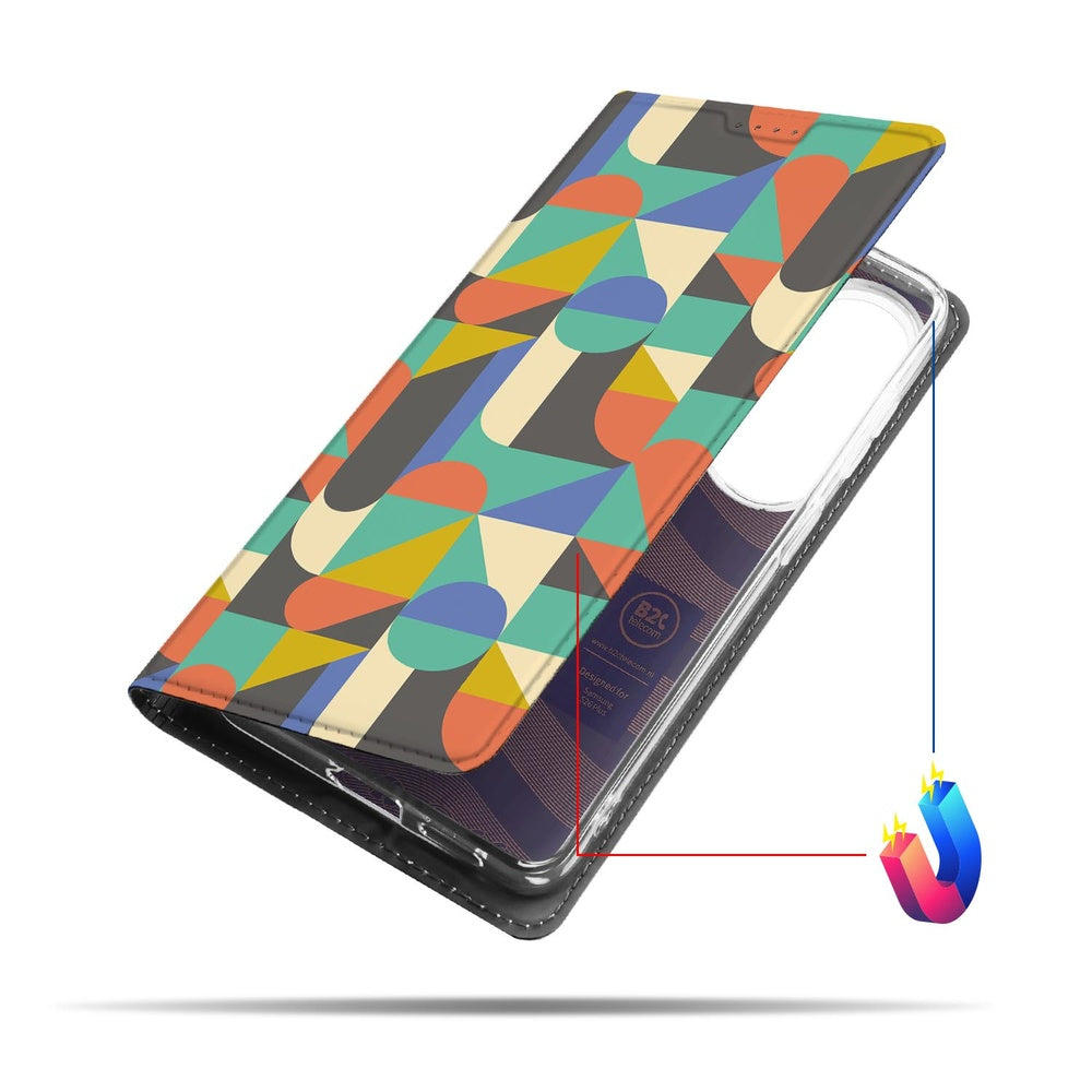 Samsung Galaxy S26 Plus Book Case Funky Retro geometrische vormen kleurrijk vooraanzicht.