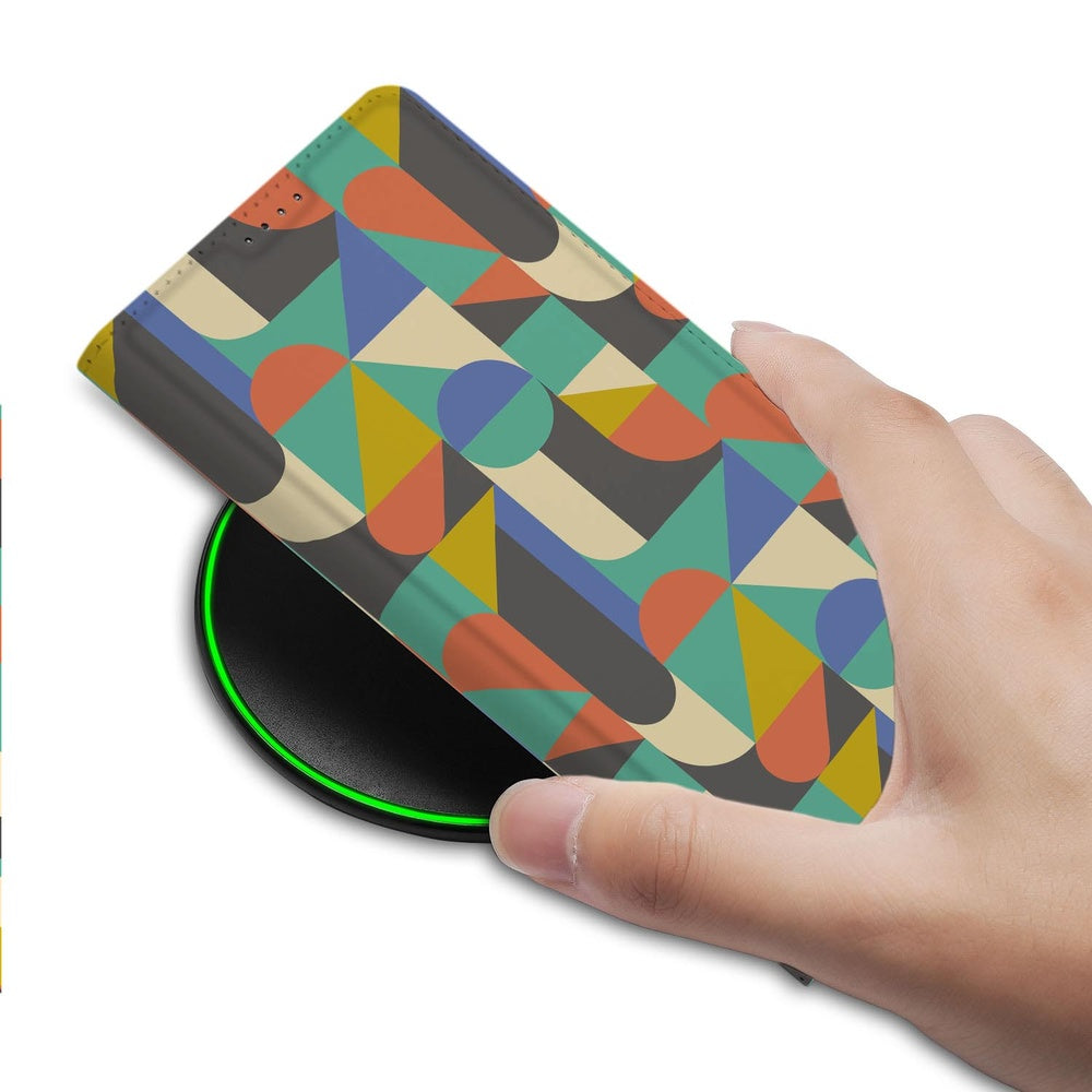 Samsung Galaxy S26 Plus Book Case Funky Retro geometrische vormen warme kleuren vooraanzicht.