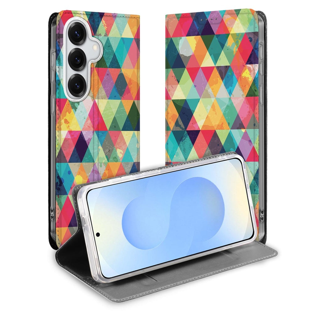 Samsung Galaxy S26 Plus Bookcase Geruit kleurrijk grafisch voorkomen.