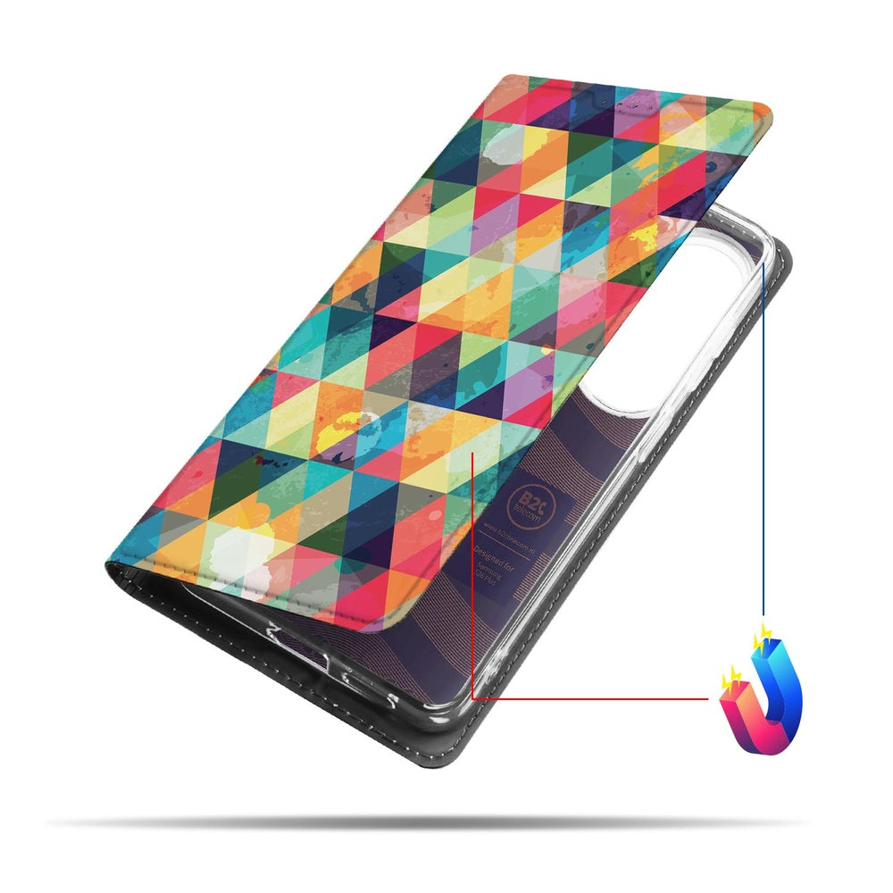 Samsung Galaxy S26 Plus Bookcase Geruit kleurrijk geometrisch vooraanzicht.