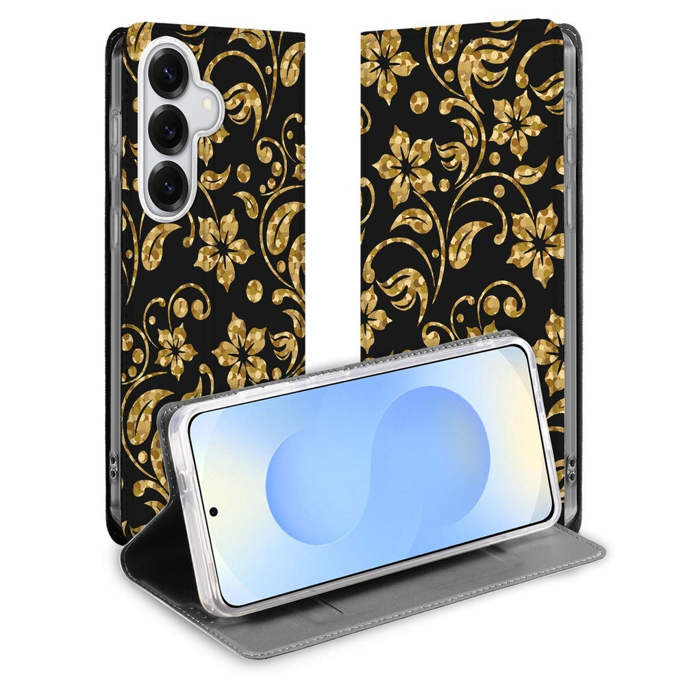 Samsung Galaxy S26 Plus Book Wallet Case Gouden BloemenBC vooraanzicht.