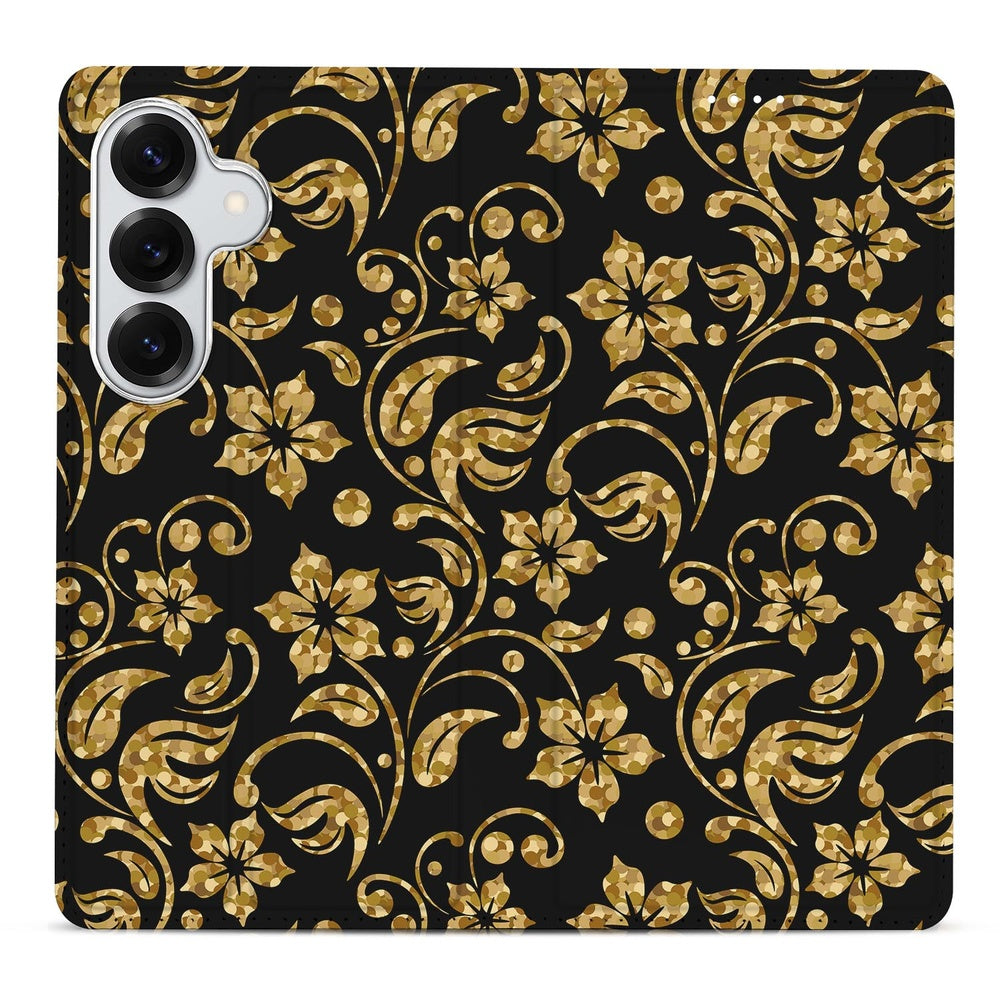 Samsung Galaxy S26 Plus Book Wallet Case Gouden BloemenBC ontwerp bovenaanzicht.