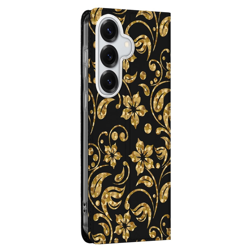 Samsung Galaxy S26 Plus Book Wallet Case Gouden BloemenBC zijkant met zwart-gouden bloemen design.