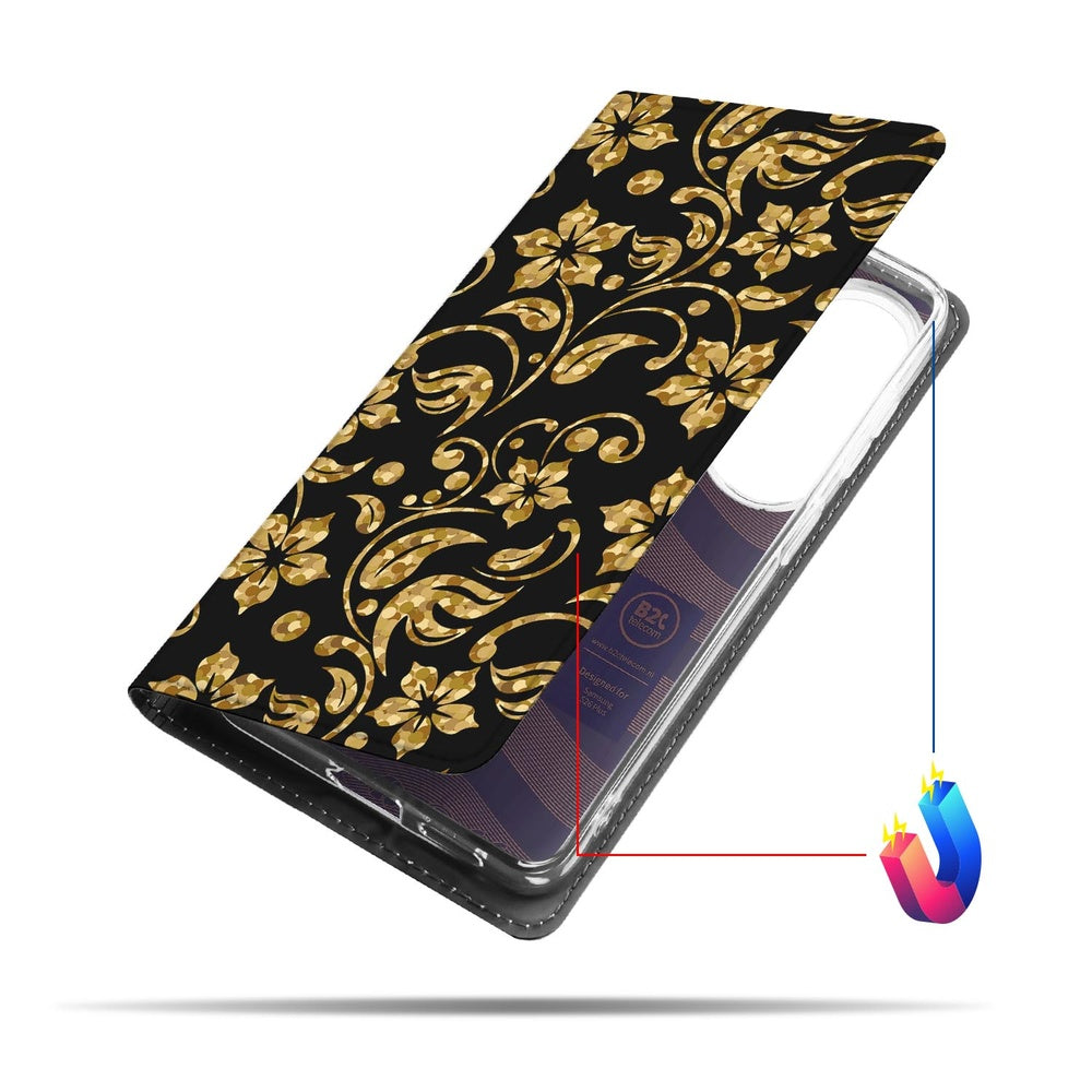 Samsung Galaxy S26 Plus Book Wallet Case Gouden BloemenBC vooraanzicht.