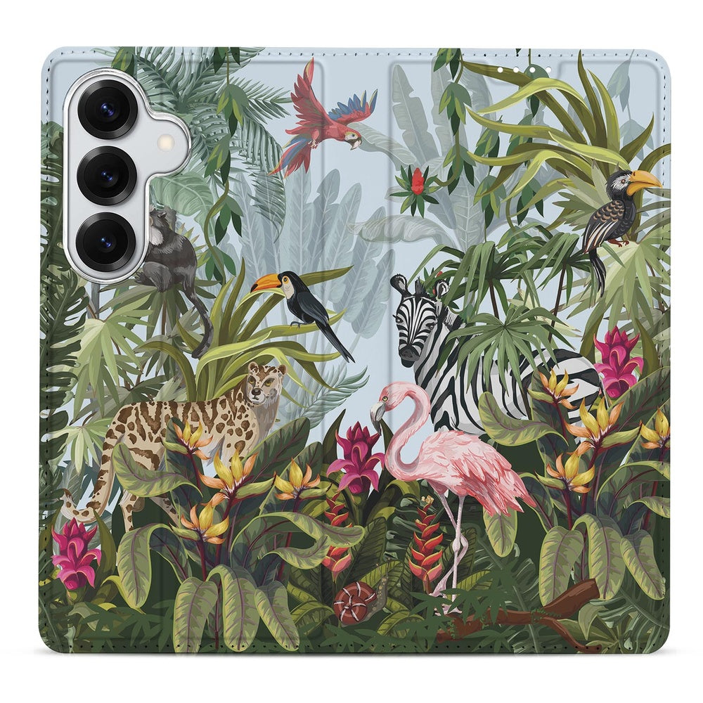 Samsung Galaxy S26 Plus Book Case Jungle Voorzijde tropisch ontwerp met dieren en planten.