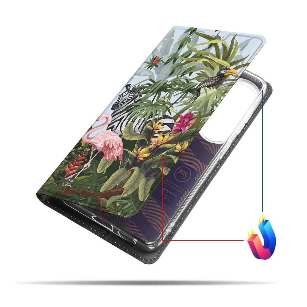Samsung Galaxy S26 Plus Book Case Jungle vooraanzicht kleurrijke print tropische dieren en planten.