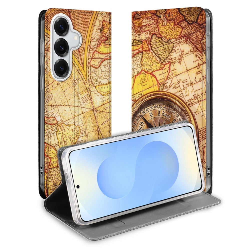 Samsung Galaxy S26 Plus Book Cover Kompas vintage kaart vooraanzicht.