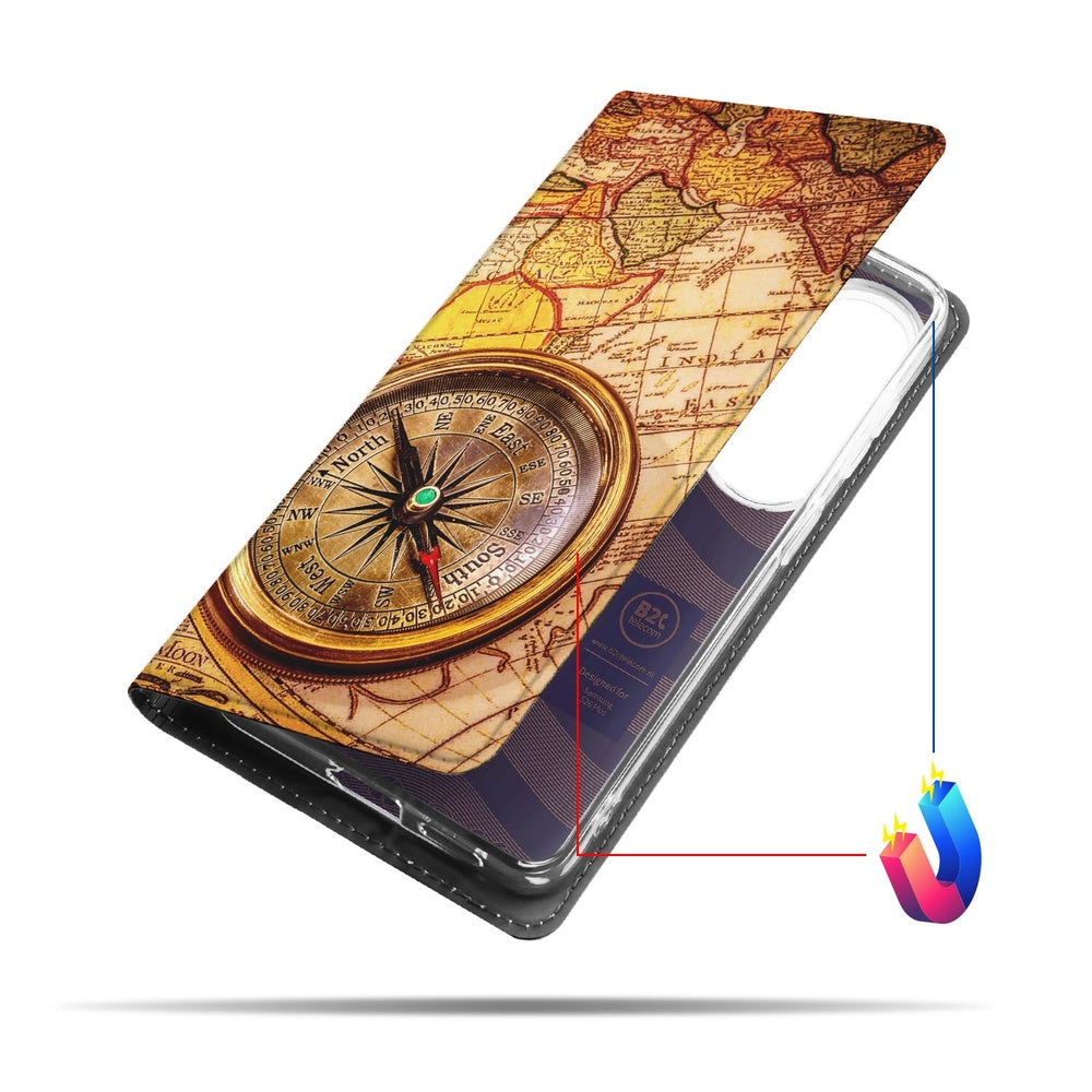 Samsung Galaxy S26 Plus Book Cover Kompas Aanzicht met kompas en wereldkaart design.