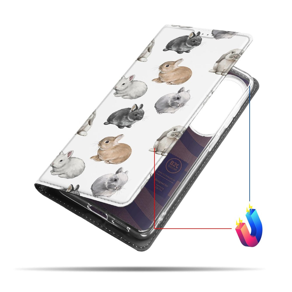 Samsung Galaxy S26 Plus Bookcase Konijntjes design met konijnenpatroon aan de voorkant.