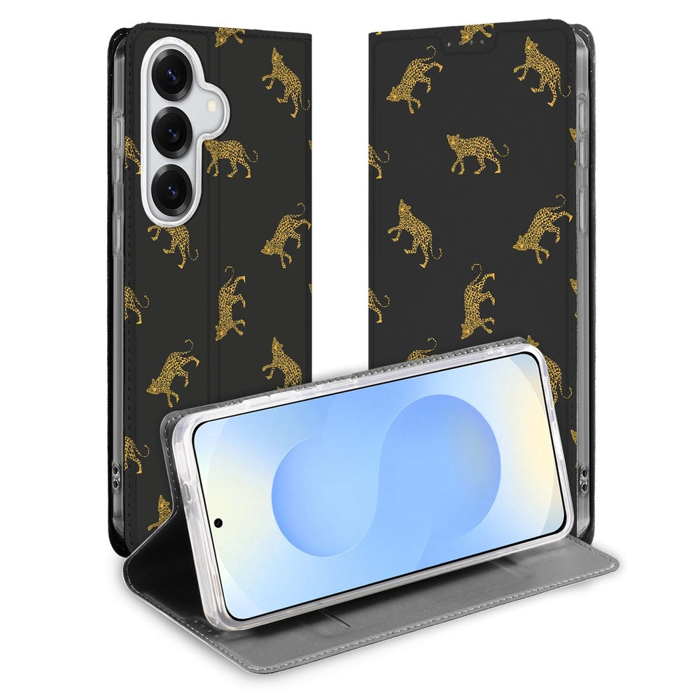 Samsung Galaxy S26 Plus Book Case Leopards zwart goud luipaardprint vooraanzicht.