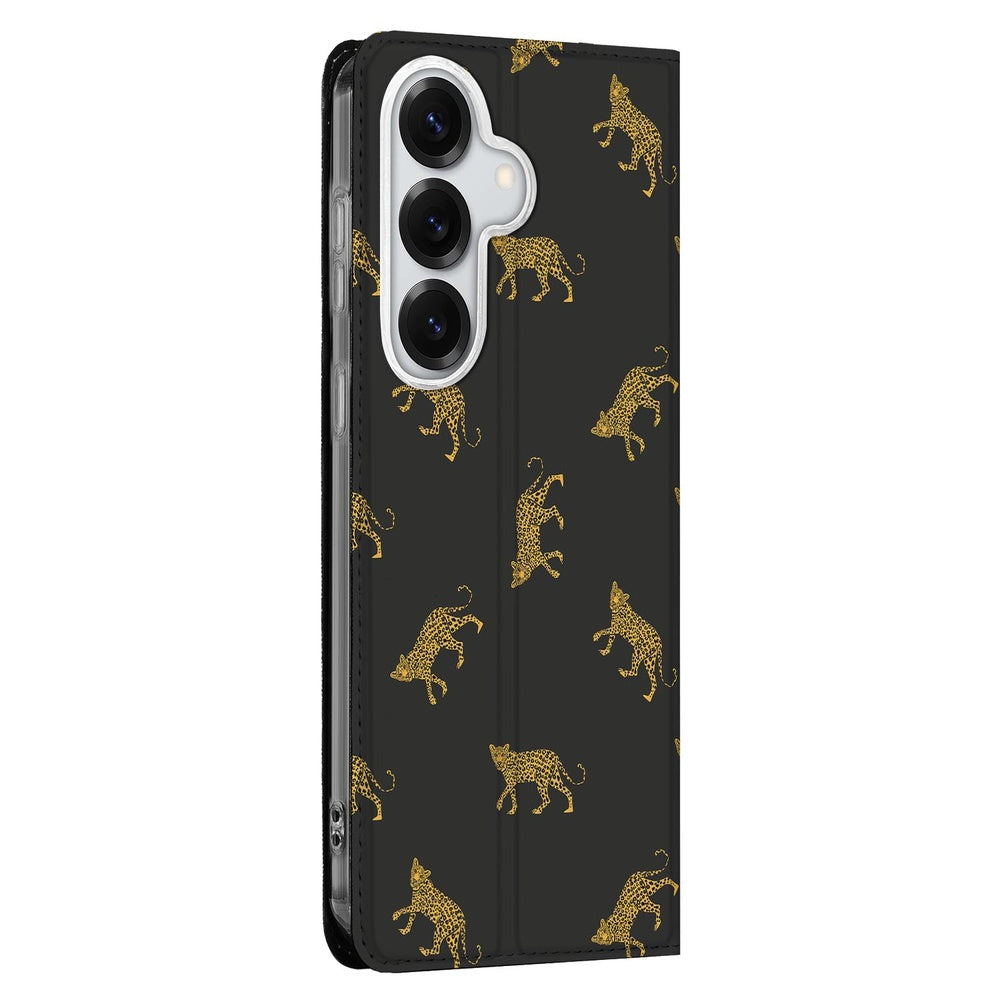 Samsung Galaxy S26 Plus Book Case Leopards donkergrijs goudkleurig vooraanzicht.