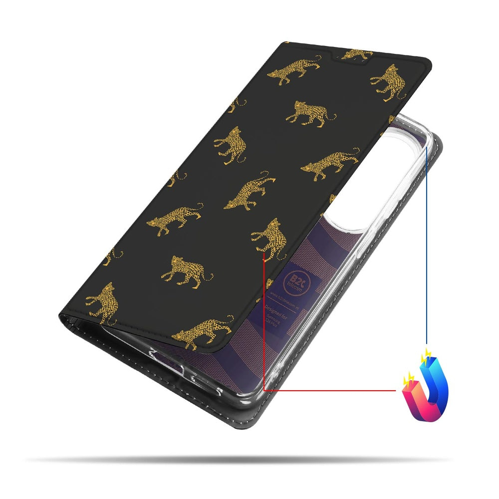 Samsung Galaxy S26 Plus Book Case Leopards design zwart goud vooraanzicht.