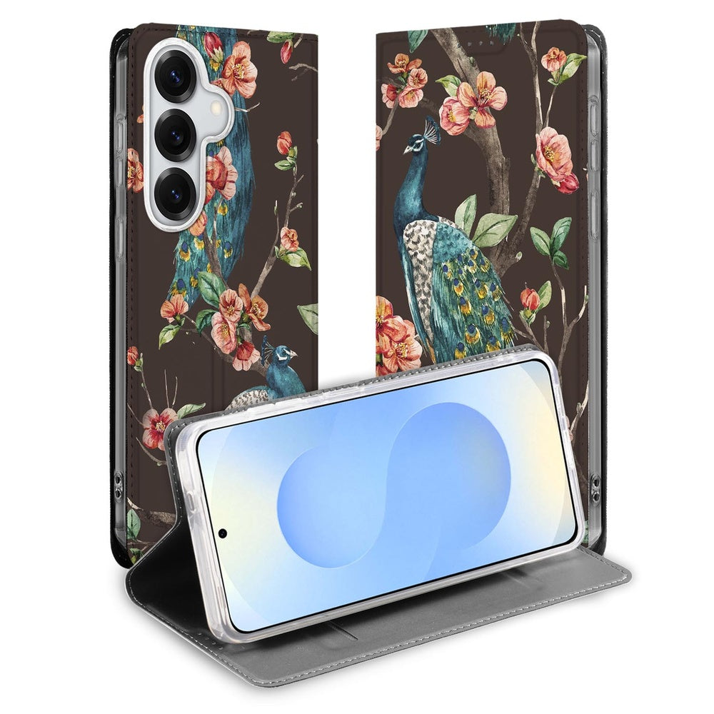 Samsung Galaxy S26 Plus Book Cover Pauw met Bloemen Vooraanzicht.