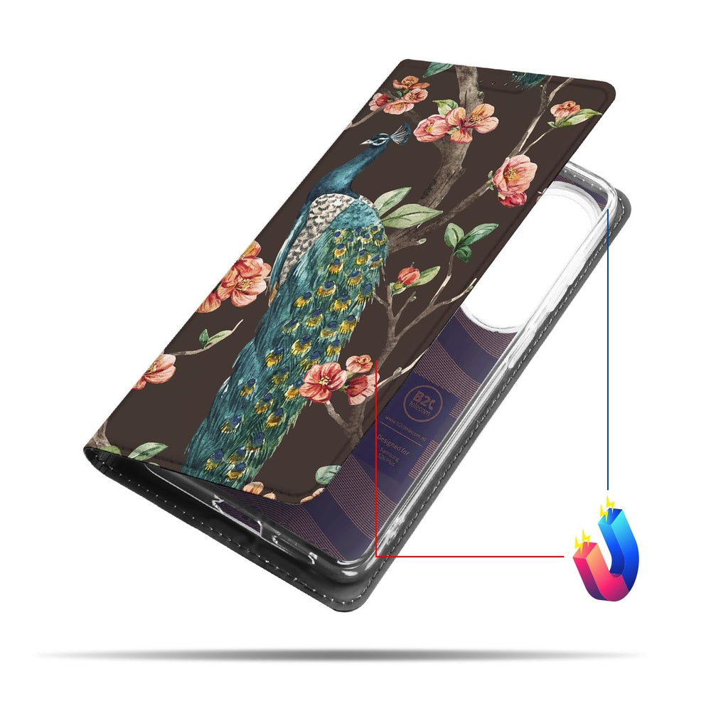 Samsung Galaxy S26 Plus Book Cover Pauw met Bloemen Vooraanzicht.