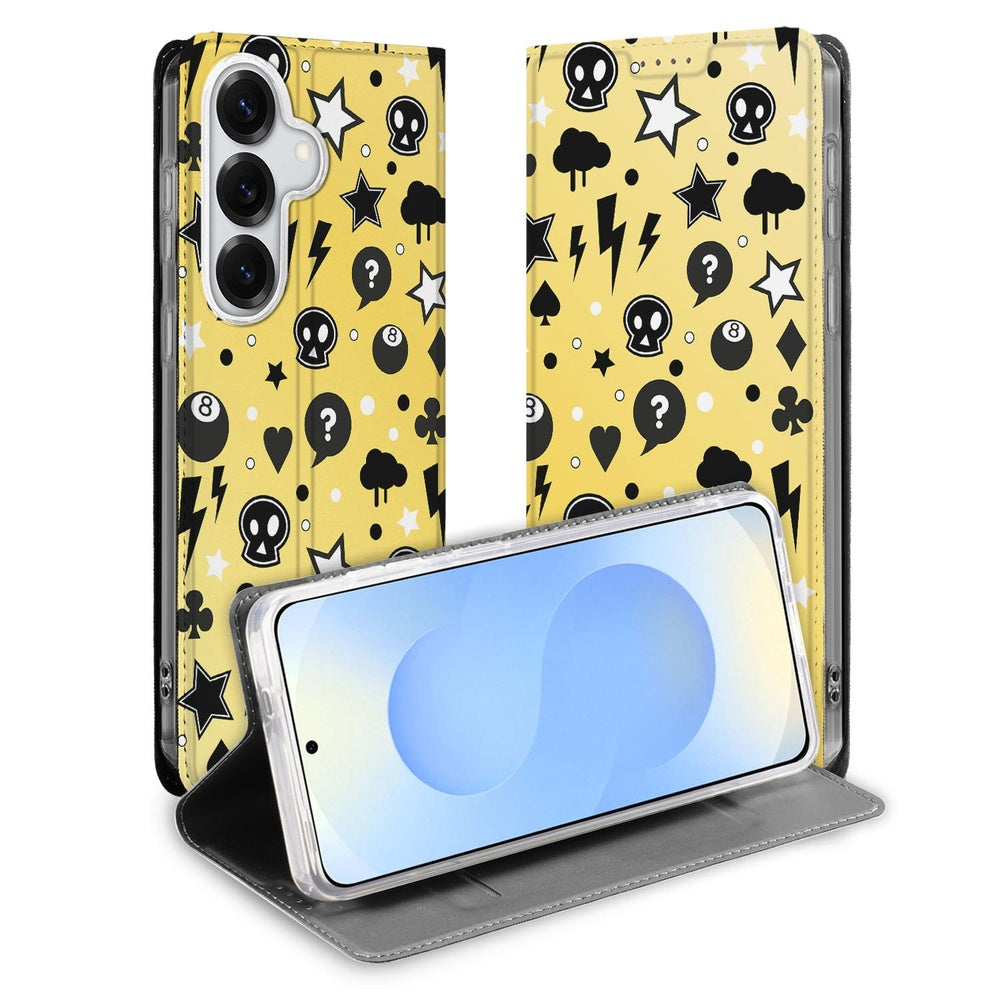 Samsung Galaxy S26+ Bookcase Punk Yellow Vooraanzicht met sportieve print.