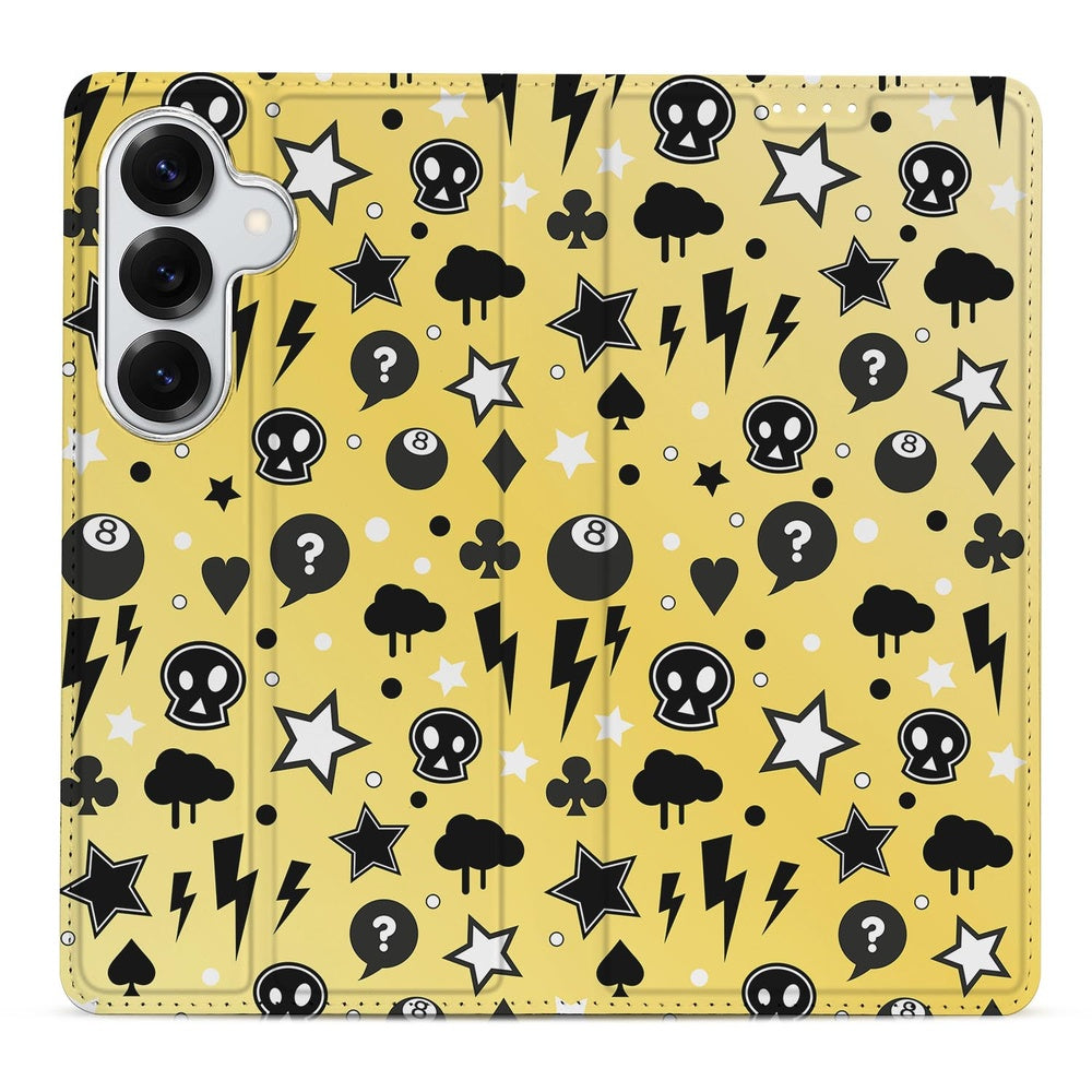 Samsung Galaxy S26+ Bookcase Punk Yellow Voorkant met stoere prints en illustraties.