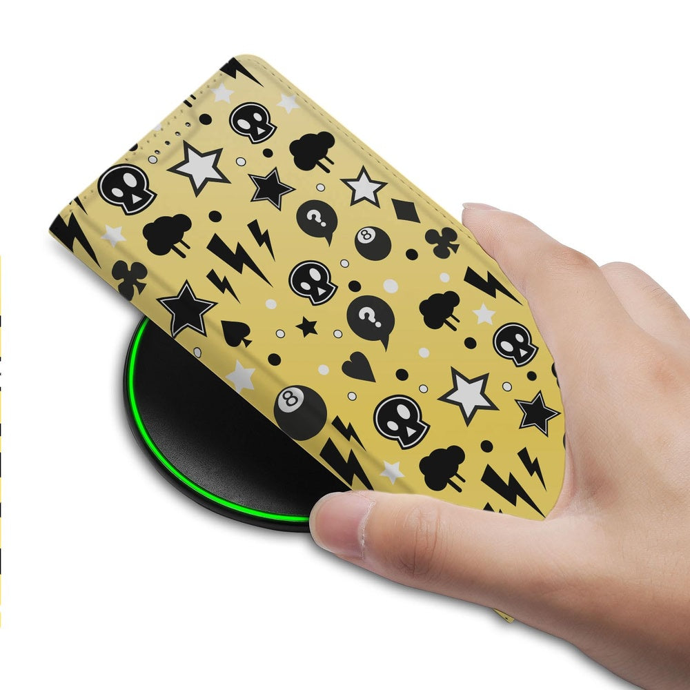 Samsung Galaxy S26+ Bookcase Punk Yellow Vooraanzicht met sterren en schedels.