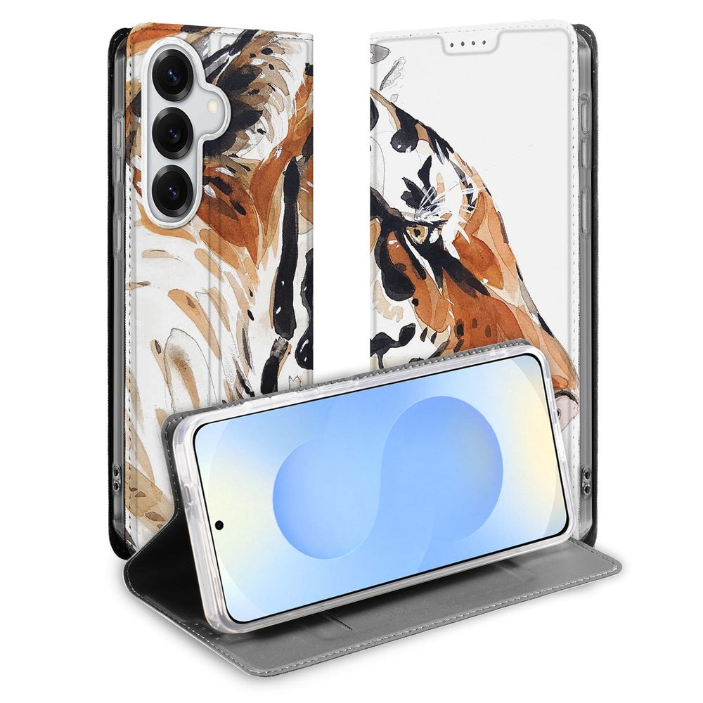 Samsung Galaxy S26 Plus Bookcase Tiger watercolor design vooraanzicht.
