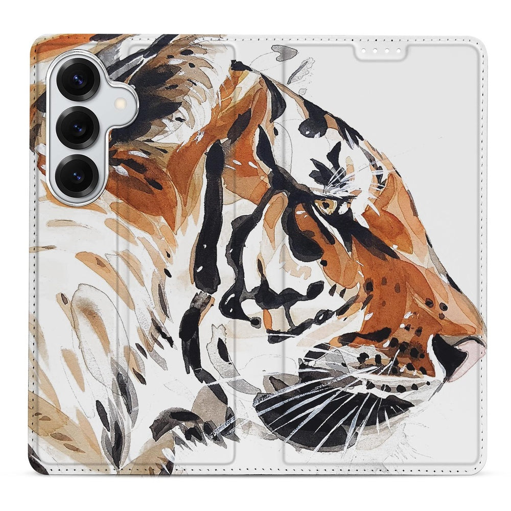 Samsung Galaxy S26 Plus Bookcase Tiger watercolor design vooraanzicht.