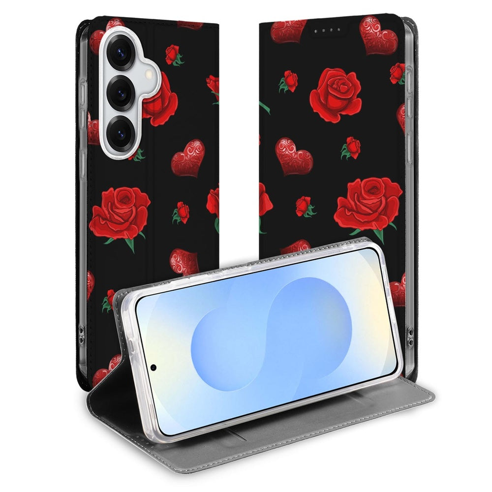 Samsung Galaxy S26 Plus Book Case Valentine rozen hartjes vooraanzicht.