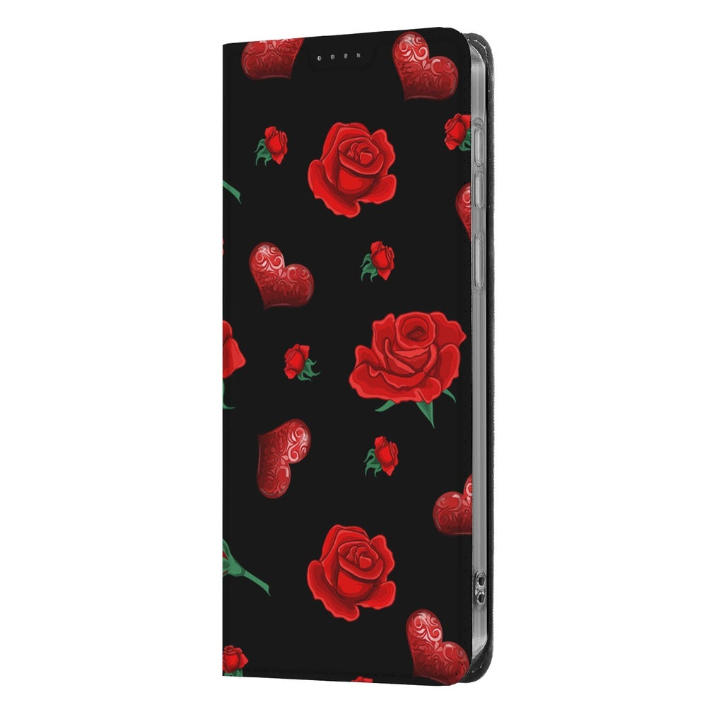 Samsung Galaxy S26 Plus Book Case Valentine rozen hartjes zwart vooraanzicht.