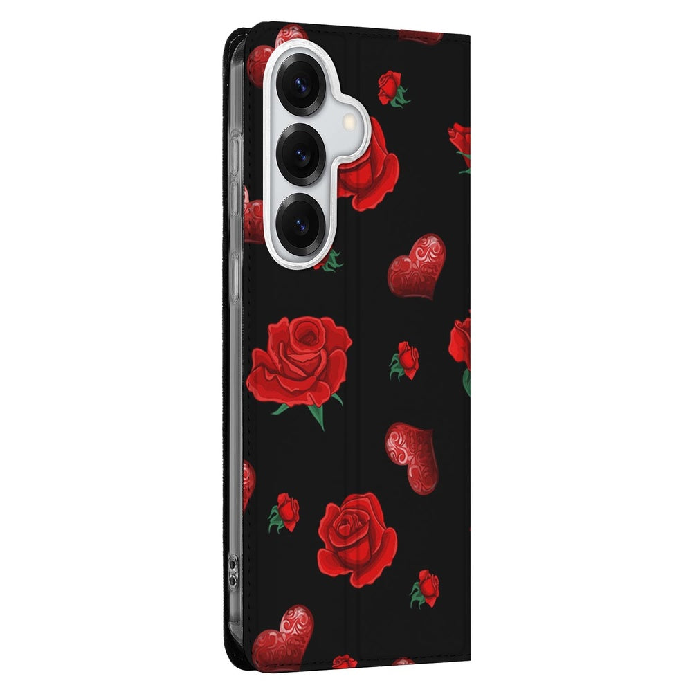 Samsung Galaxy S26 Plus Book Case Valentine rozen hartjes zwart vooraanzicht.