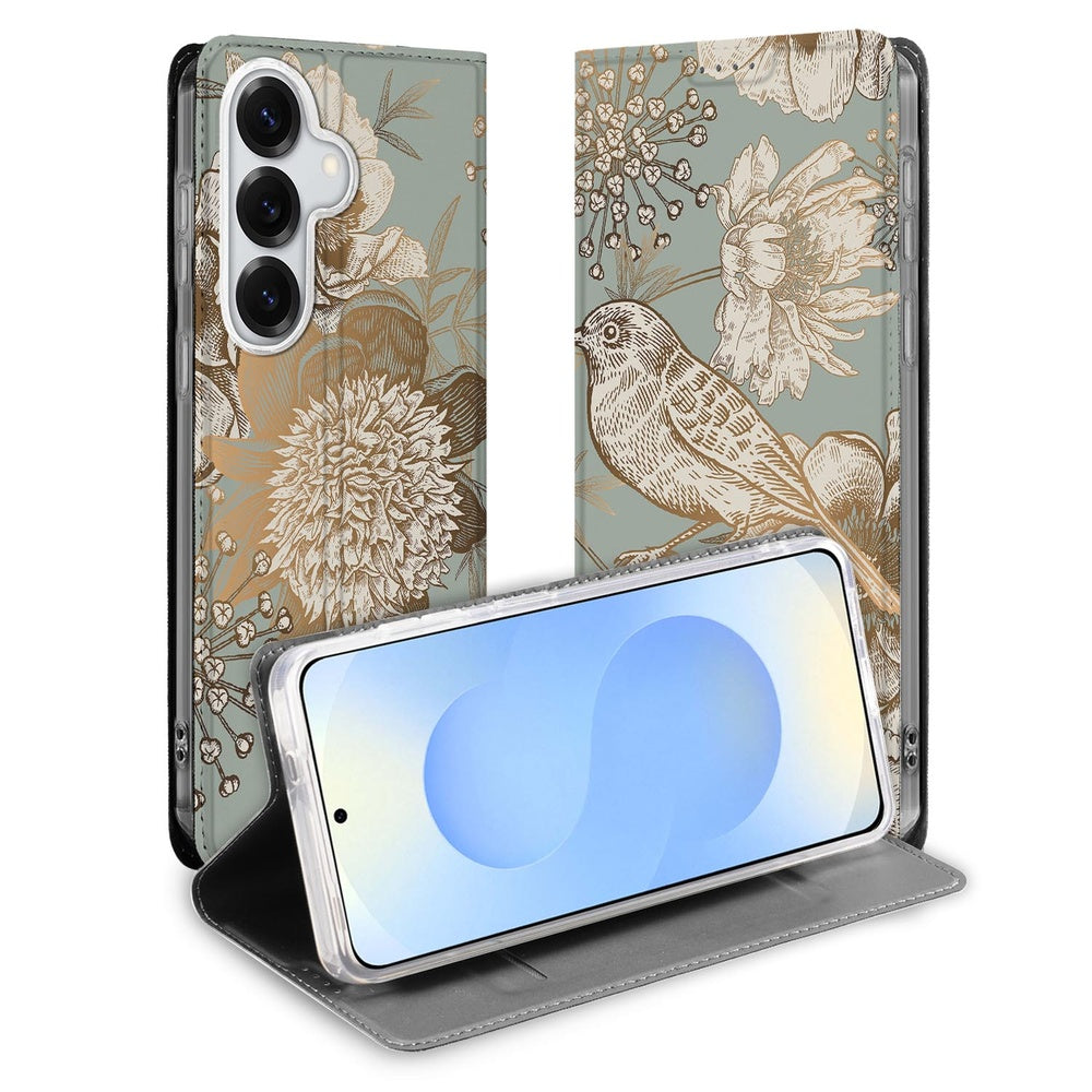 Samsung Galaxy S26 Plus Bookcase Vintage Bird Flowers Vooraanzicht.
