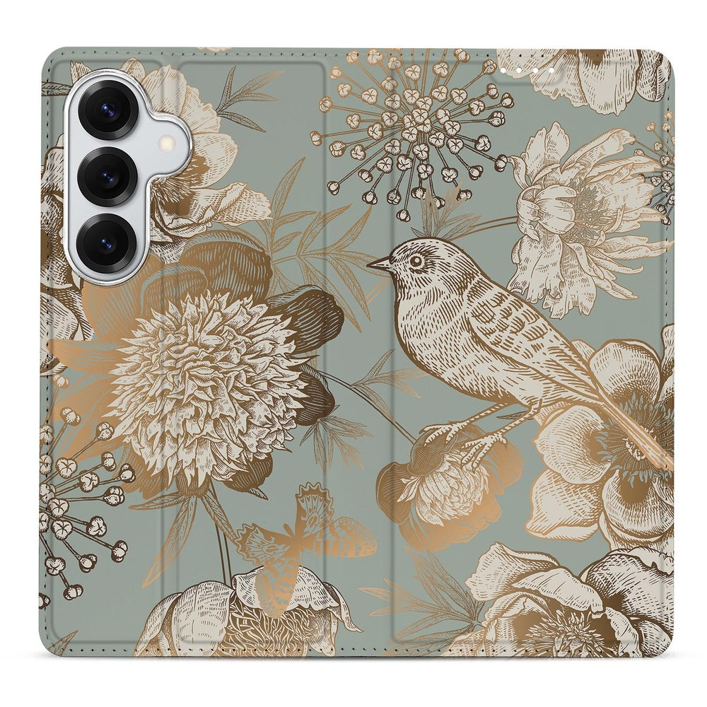 Samsung Galaxy S26 Plus Bookcase Vintage Bird Flowers Vooraanzicht.